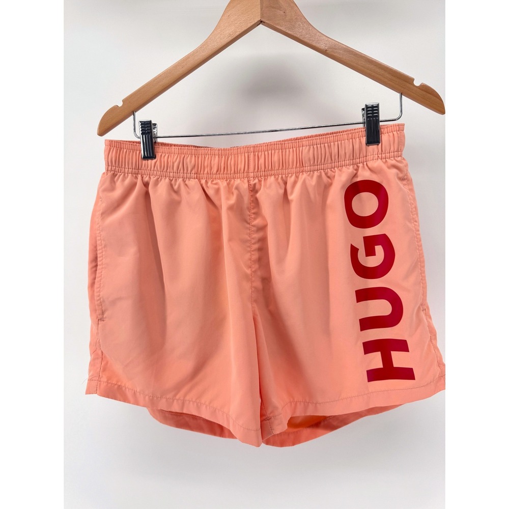 HUGO Swim Trunks Mens Medium Peach Orange Logo Beach Shorts Summer